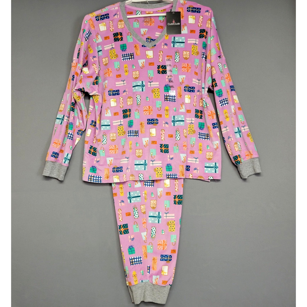 Cuddl Duds Pajama Set Womens XXL Pink Holiday Gift Print Fleece V-Neck New